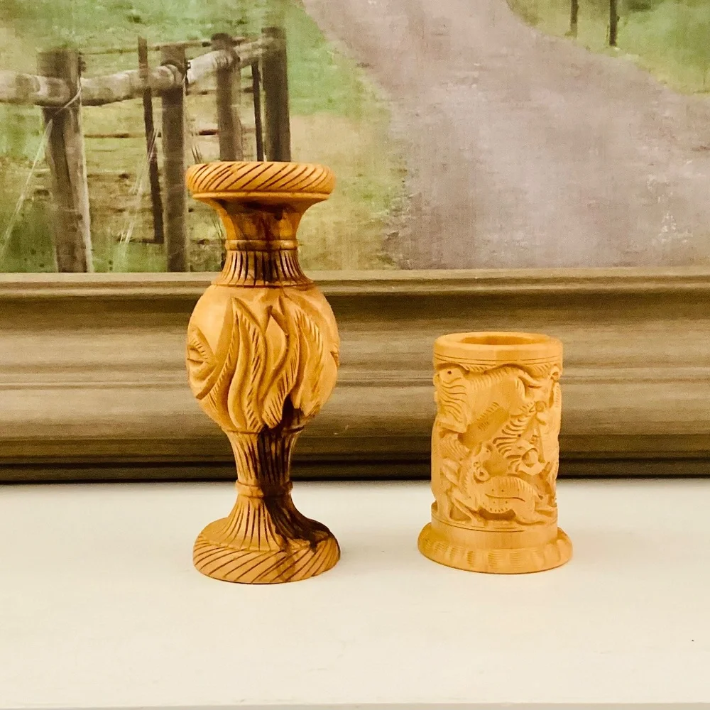 Handcrafted Carved Wooden Vase Pencil Holder Gift Set Of 2 Office Décor Vintage